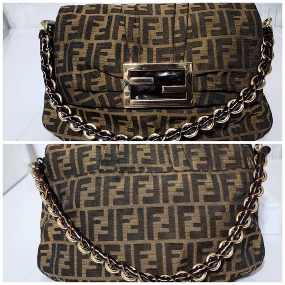 Authentic Fendi Tobacco Zucca Canvas Mia Flap Shoulder Bag Brown - Picture 9 of 16